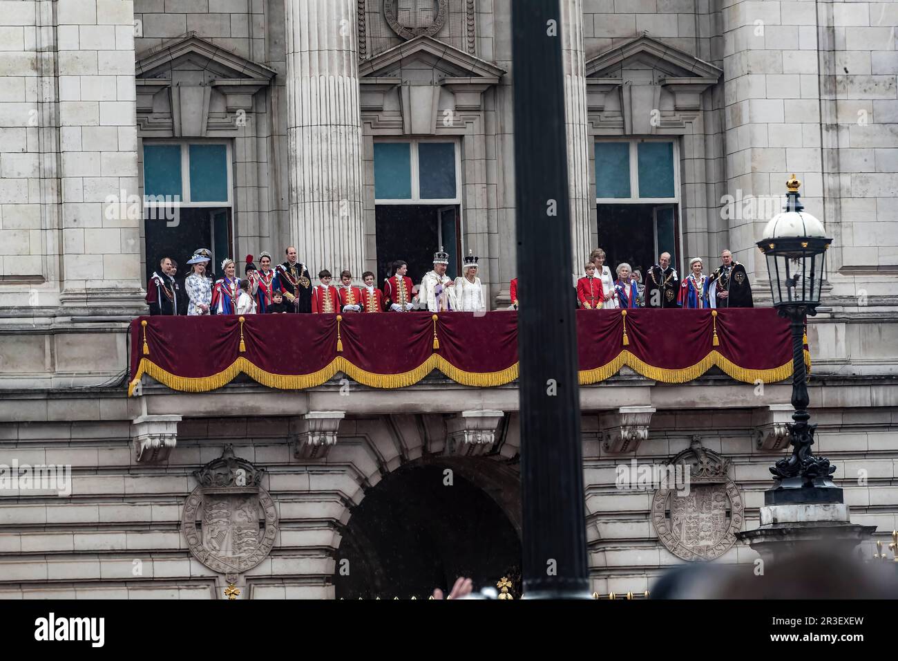 Royal family on the balcony of Buckingham Palace after the Coronation of King Charles III Stock Photo