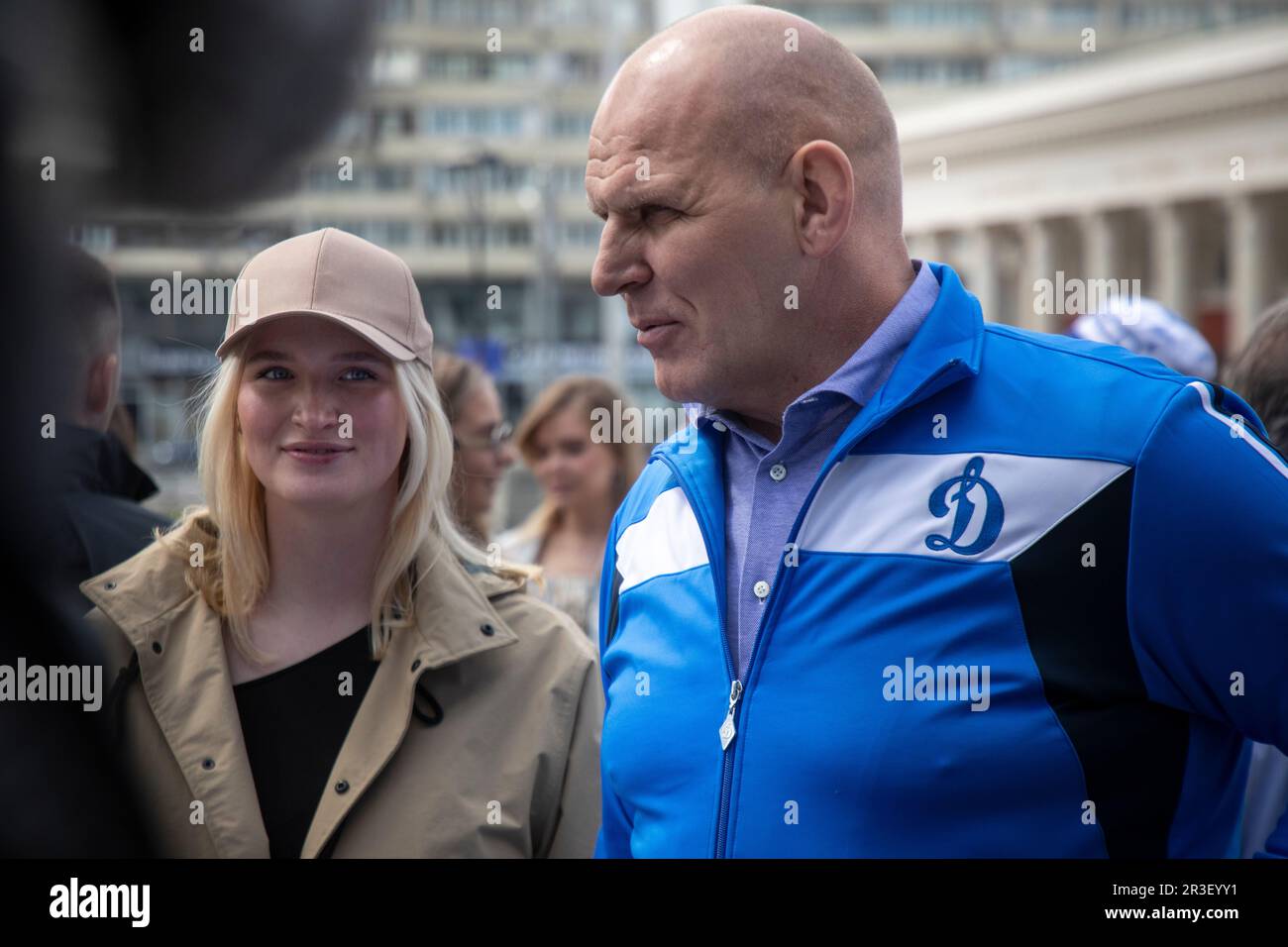 Moscow, Russia. 21st of May, 2023. Russian Federation Council member Alexander Karelin and his daughter Vasilisa attend an event in Dynamo Park to plant out wild cherry trees to mark the Dynamo Moscow centenary as part of the Cherry Forest Festival in Moscow, Russia Stock Photo