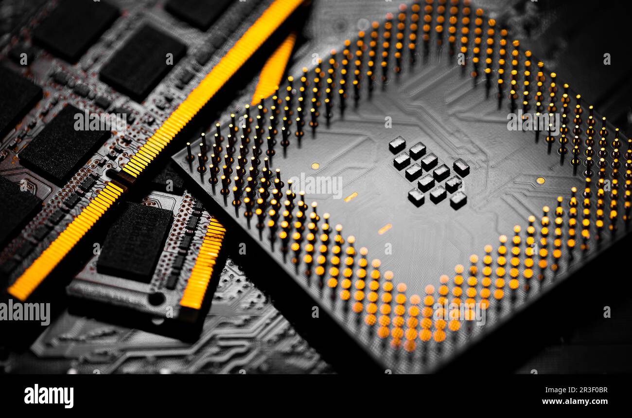 Close up of RAM Memory and pins on Main CPU PC processor circuit board. Stock Photo