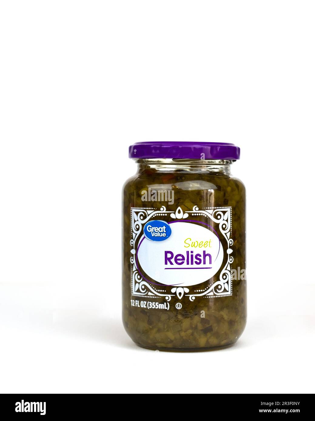 Jar of Great Value brand sweet relish, a pickle relish on a white background. USA. Stock Photo