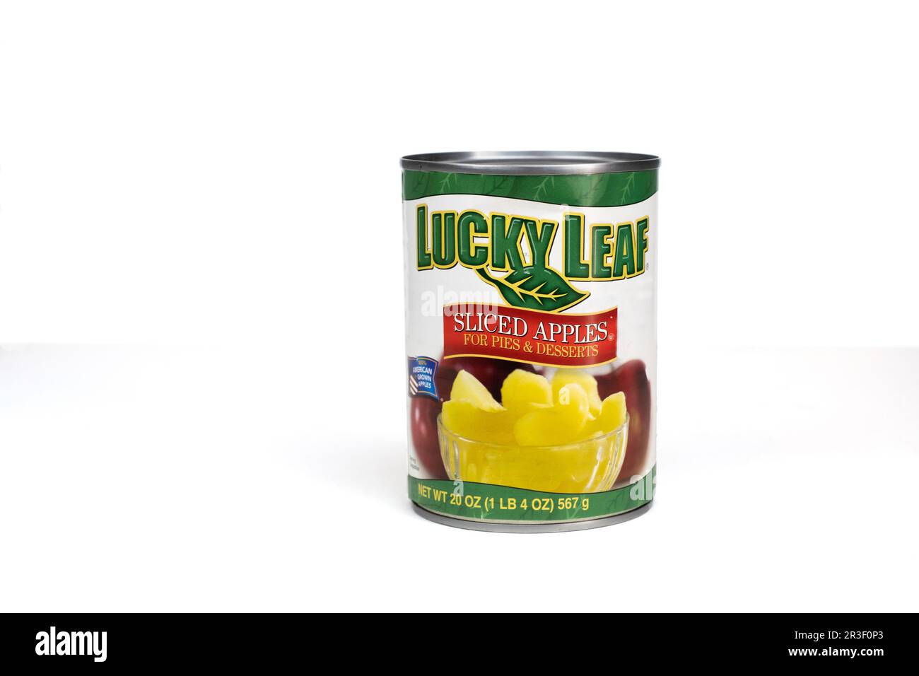 Lucky Leaf brand can of sliced apples for pies & desserts on a white background. USA. Stock Photo