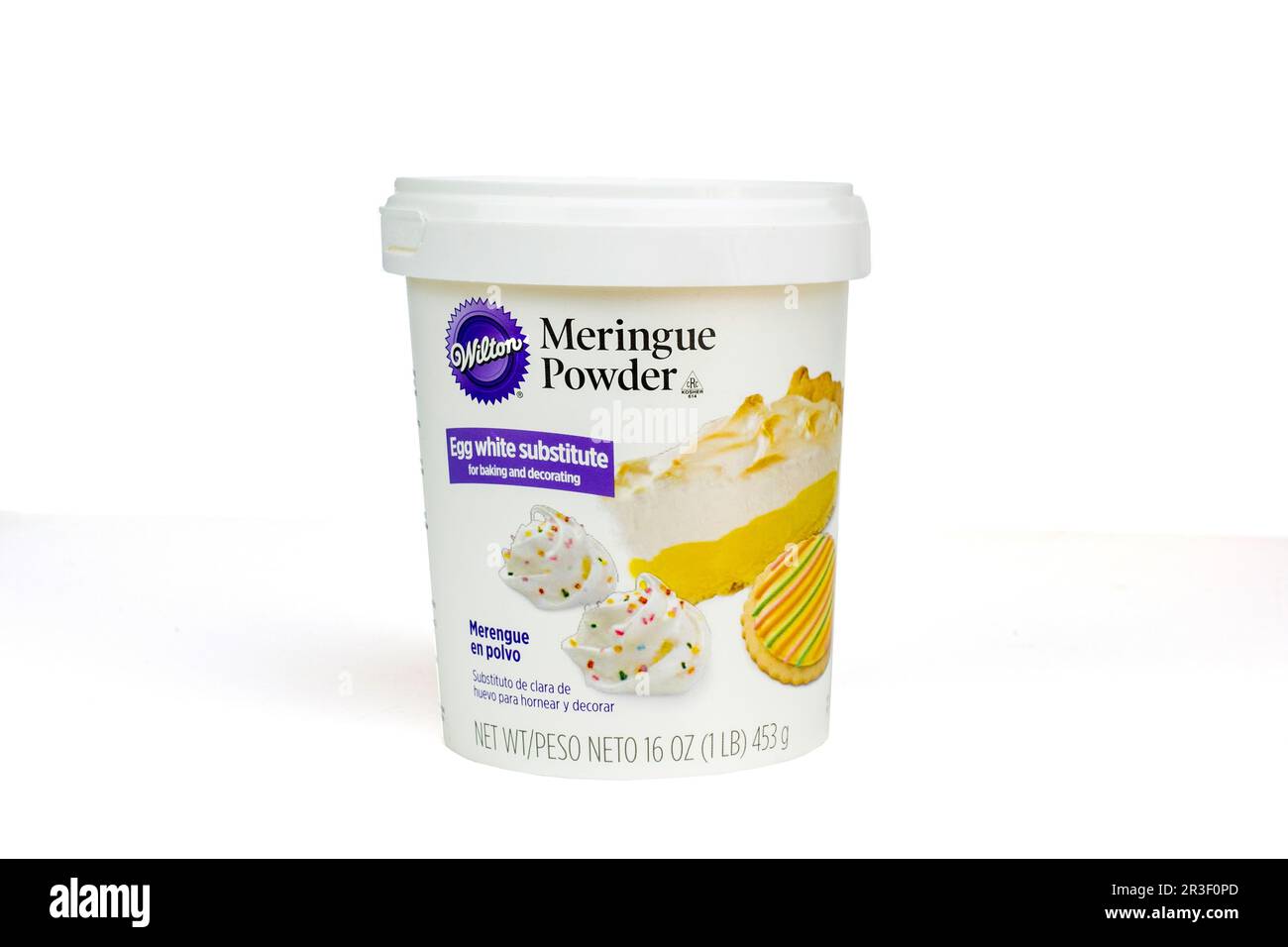 Plastic tub of Wilton brand Meringue Powder, an egg white substitute for pies & desserts. USA. Stock Photo