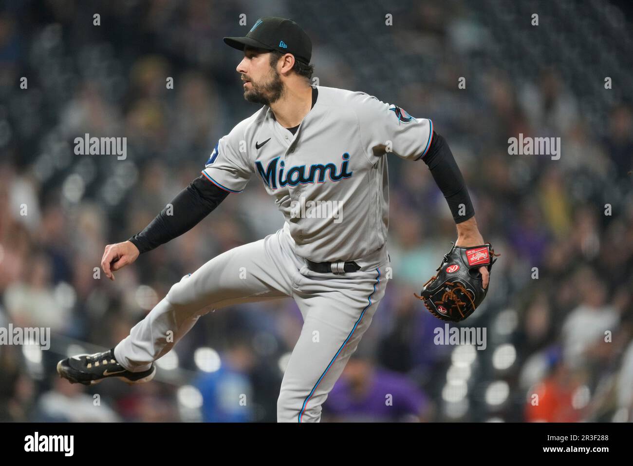 Colorado Rockies' Jurickson Profar gestures to the dugout after doubling to  drive in two runs off Miami Marlins relief pitcher JT Chargois in the  seventh inning of a baseball game Monday, May