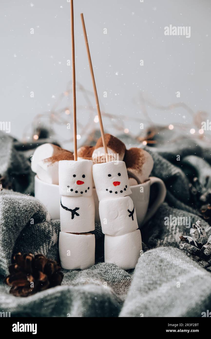 Two happy funny marshmallow snowmen. Marshmallow friends. Diy. Sweet