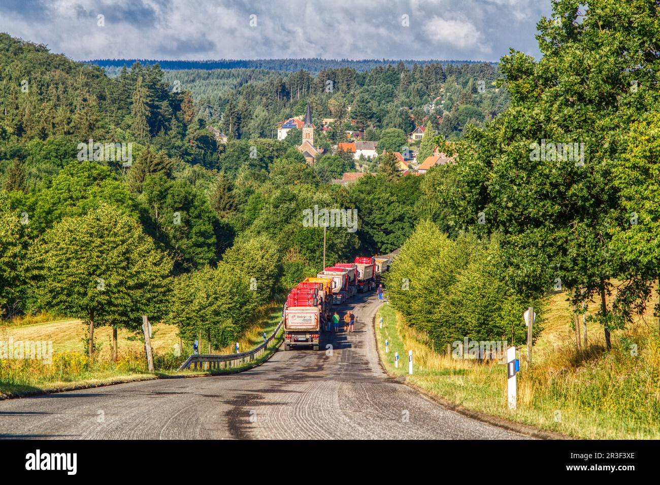 View of GÃ¼ntersberge in the Harz Mountains Renewal of the B242 roadway Stock Photo