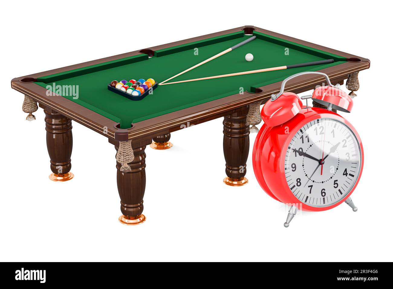 Billiard table with balls and cue with alarm clock, 3D rendering