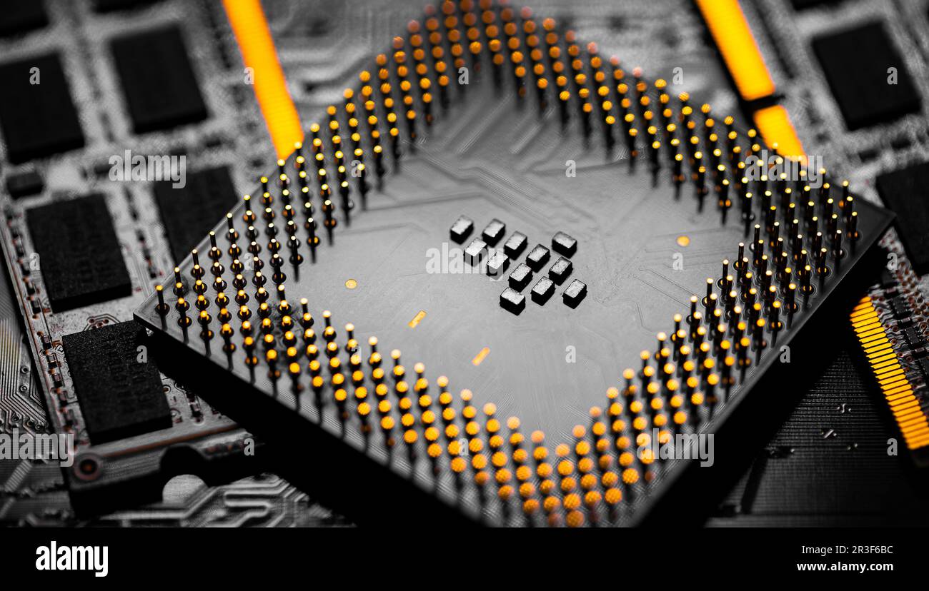Close up of RAM Memory and pins on Main CPU PC processor circuit board. Stock Photo