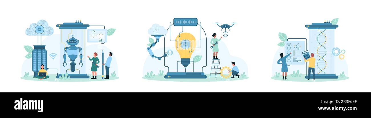 Science technology of future set vector illustration. Cartoon tiny people build and repair robot in futuristic laboratory, engineers research DNA spiral model, create light bulb with robotic arm Stock Vector