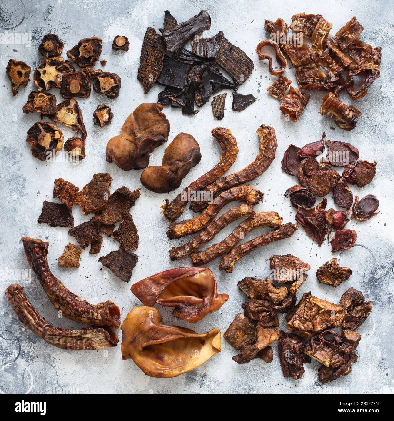 Dried offal for dogs. Natural dried treats for dogs on a light grey background. Pet care. Natural snacks for pets. Dried meat pr Stock Photo