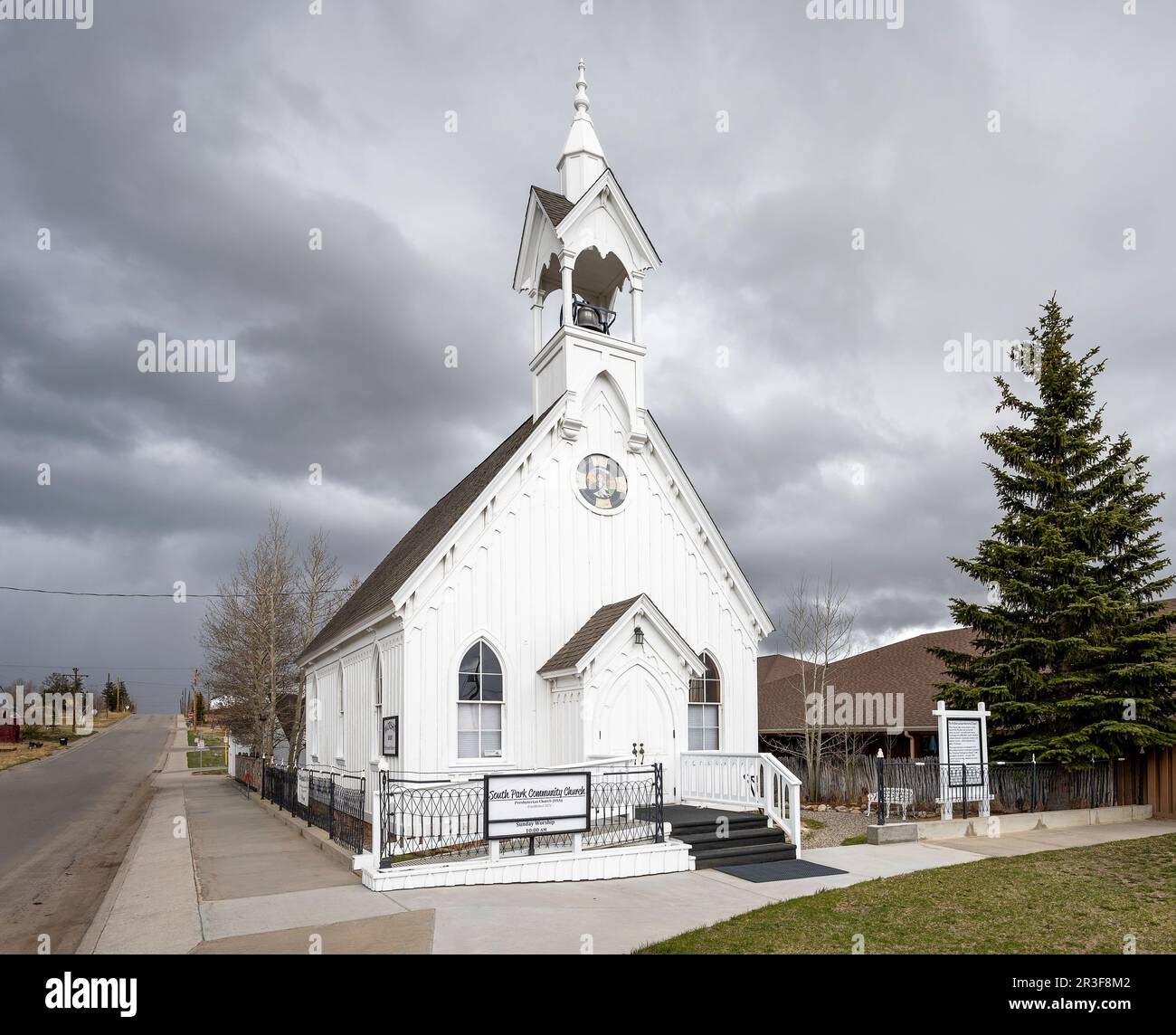 Exterior of the historic Gothic-style wooden South Park Community Church in Fairplay, Colorado, USA Stock Photo