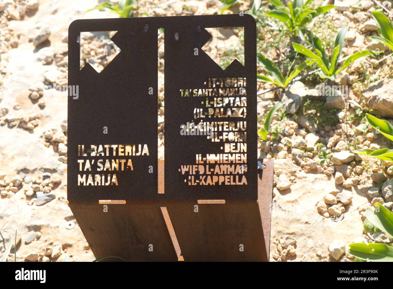 Santa Marija Gun Battery, Signpost, Comino, Mediterranean Sea, Island State, Malta Stock Photo