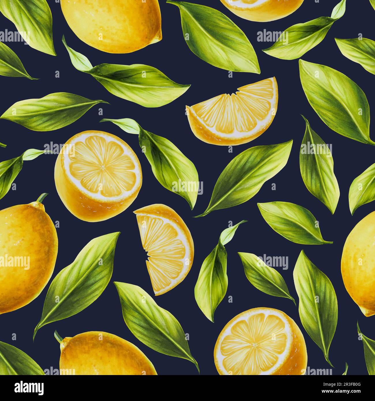 Watercolor seamless pattern with fresh ripe lemon with bright green ...