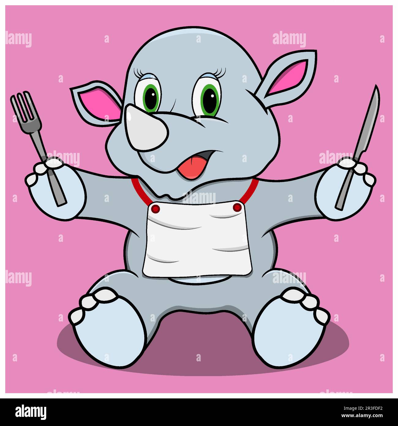 Character Rhinoceros Ready For Eat Food, Pink Colors Background, Mascot