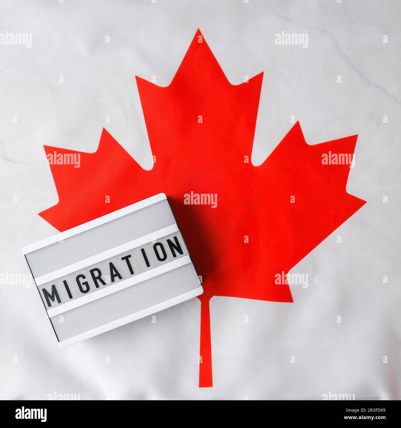 The National Flag of Canada. Lightbox with text MIGRATION Canadian Flag or the Maple Leaf. Patriotism. International relations c Stock Photo