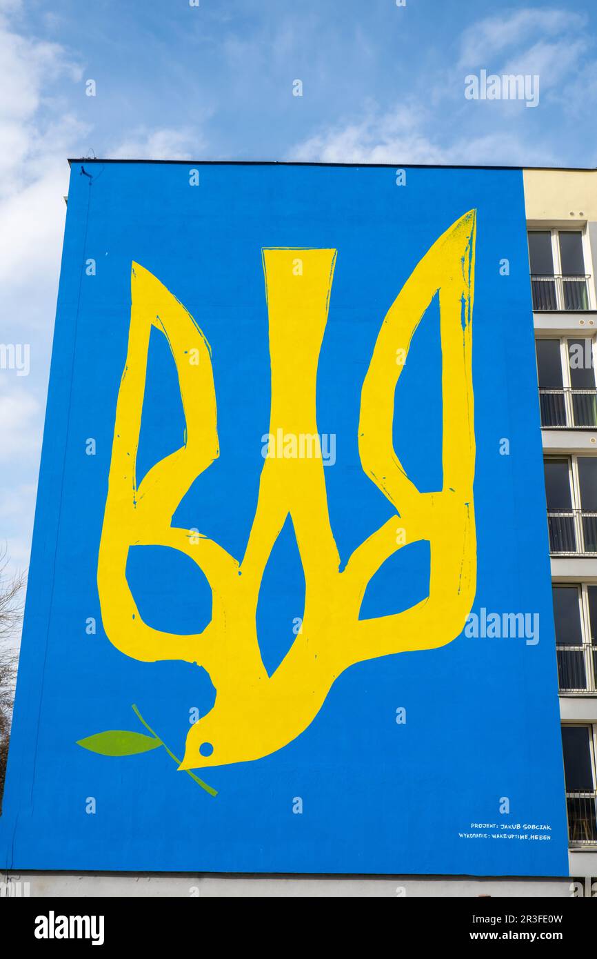 Gdansk Poland March 2022 UKRAINE national emblem with pigeon symbol of