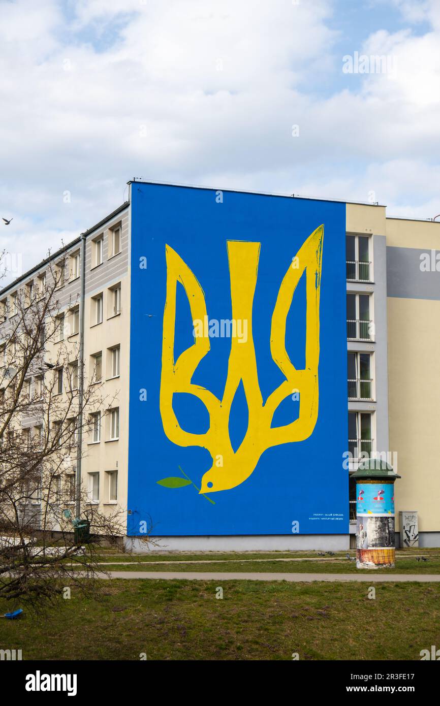 Gdansk Poland March 2022 UKRAINE national emblem with pigeon symbol of