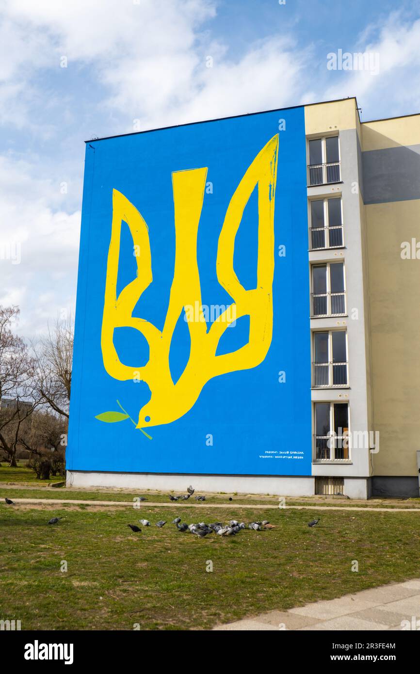 Gdansk Poland March 2022 UKRAINE national emblem with pigeon symbol of