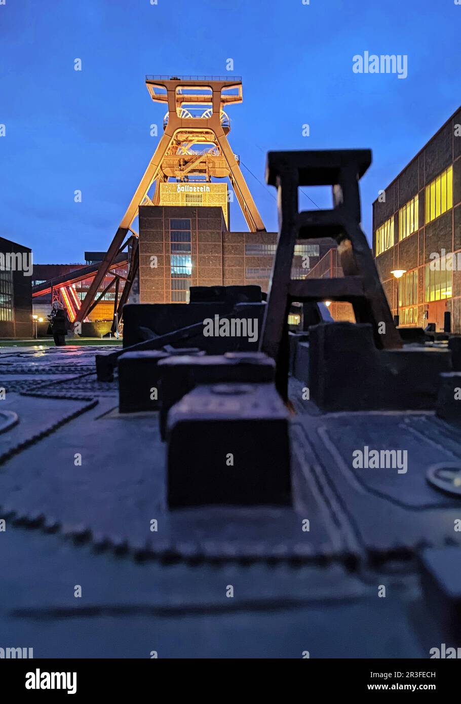 Model and original of the headframe of the Zollverein colliery shaft XII, Essen, Germany, Europe Stock Photo