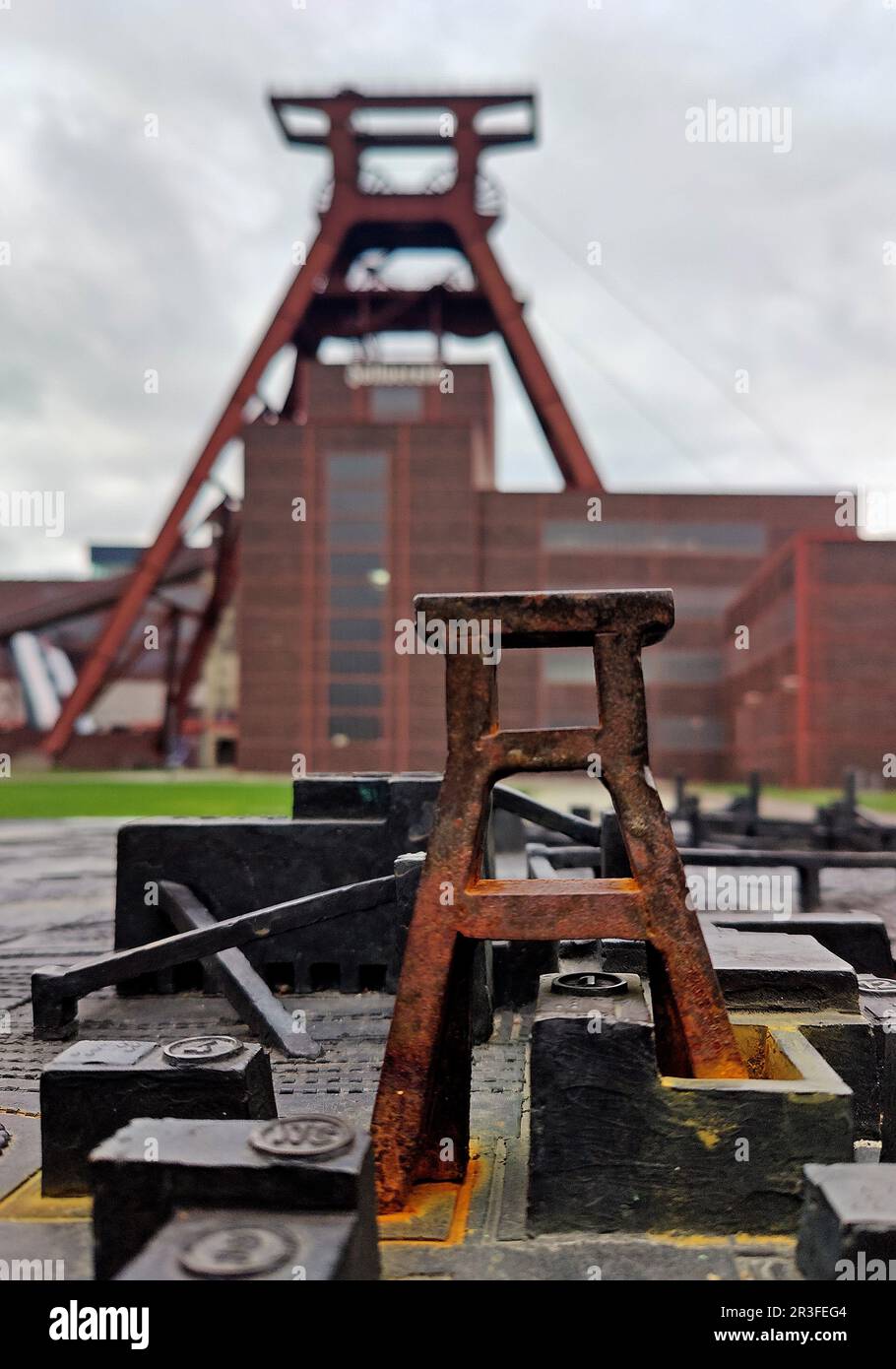Model and original of the headframe of the Zollverein colliery shaft XII, Essen, Germany, Europe Stock Photo