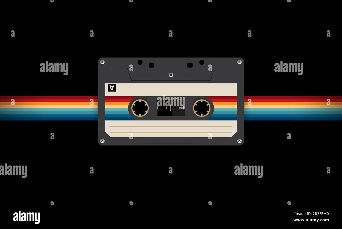 Retro musiccasette with retro colors eighties style, cassette tape, vector art image illustration, mix tape retro cassette design, Music vintage style Stock Vector