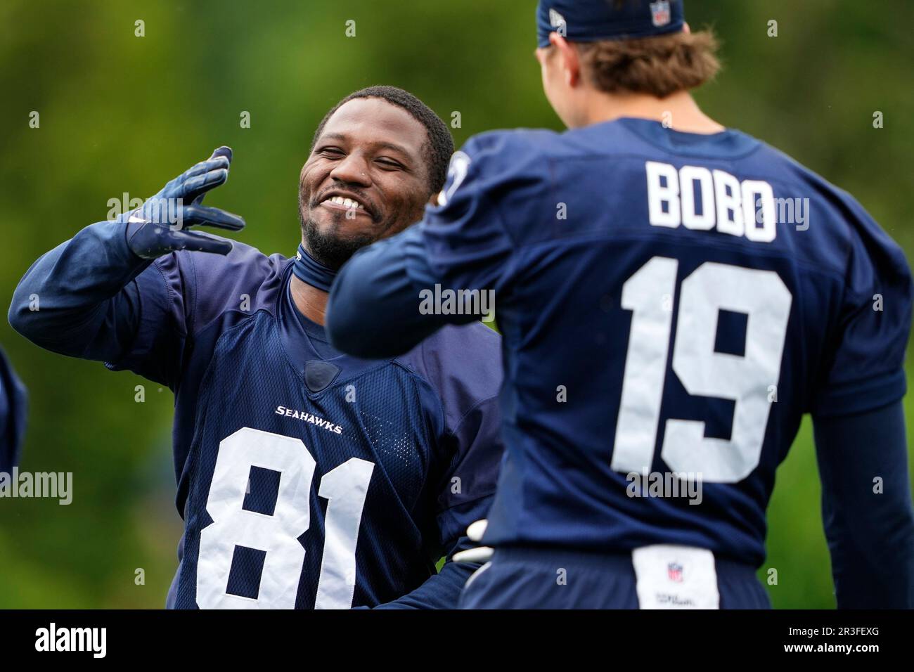 Seattle Seahawks wide receiver Tyjon Lindsey (81) holds a football while  running a receiving drill during the NFL football team's training camp,  Wednesday, July 26, 2023, in Renton, Wash. (AP Photo/Lindsey Wasson