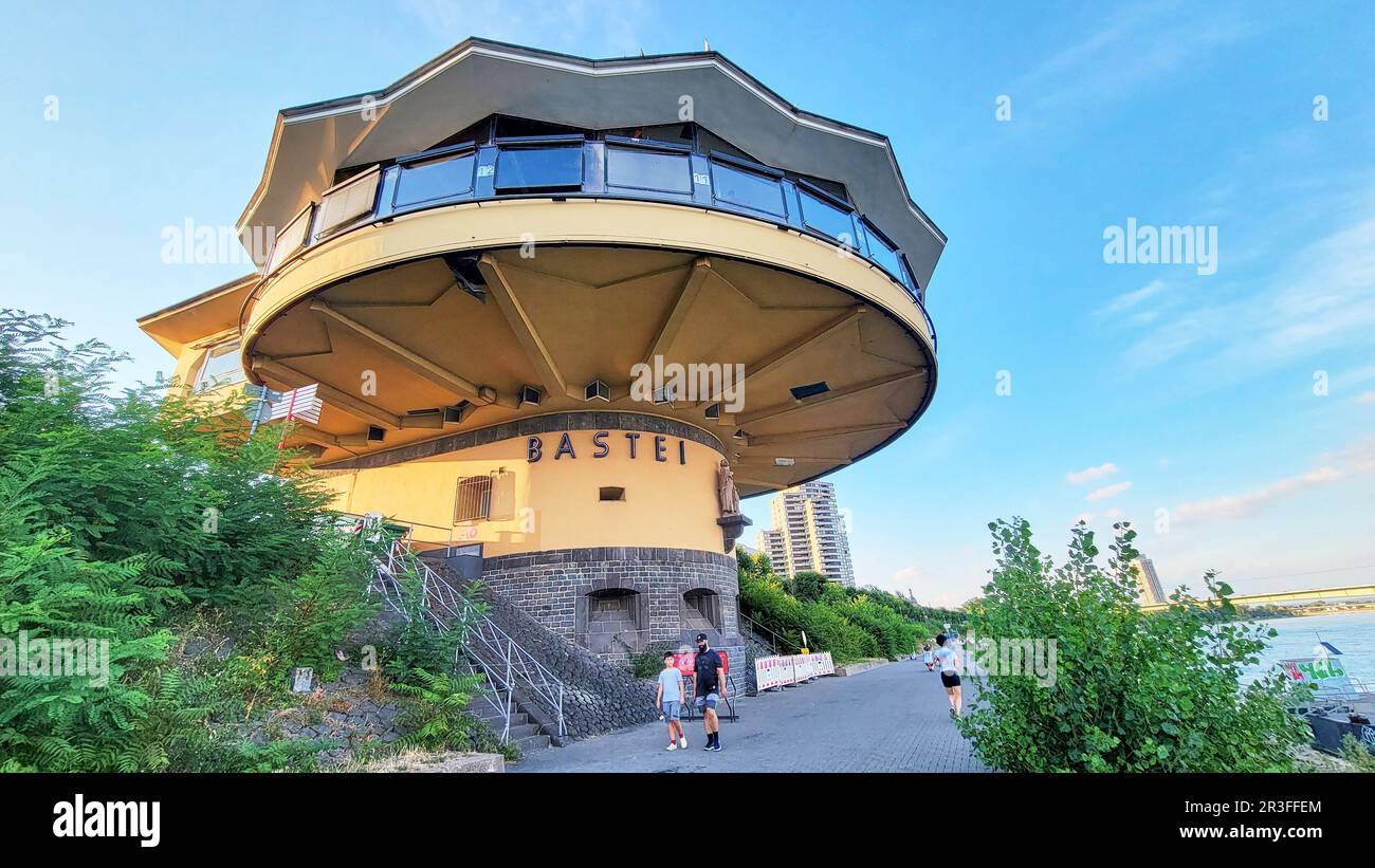 Famous architetural building called the Bastei on the Rhine River promenade in the landmark town of Cologne, Germany.  Aug 2022 Stock Photo