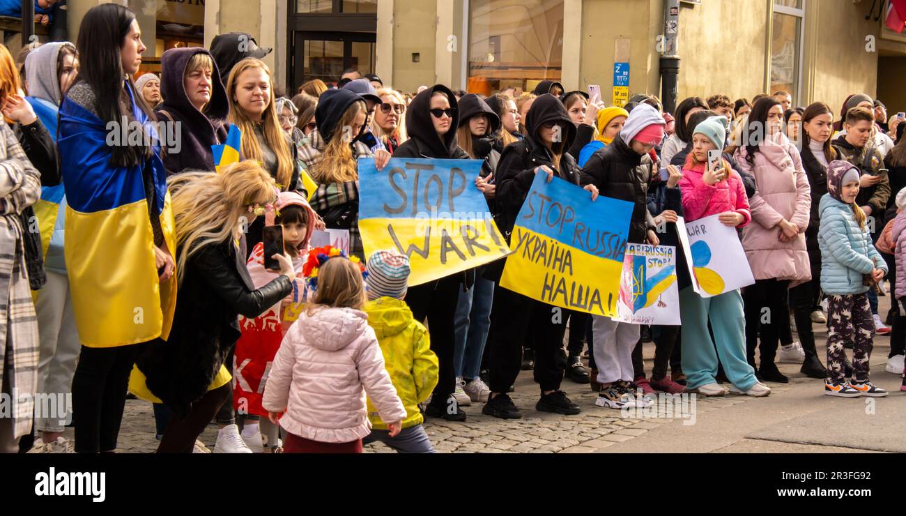 Gdansk Poland March 2022 Protest manifestation against war. Anti-war demonstration Ukrainian flag in Gdansk Poland Europe. Suppo Stock Photo