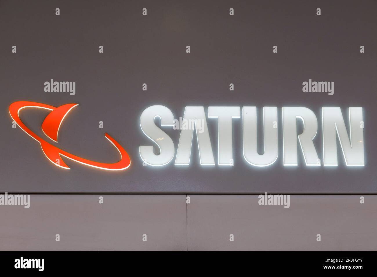 Sign and Logo of Saturn, Electronic market Stock Photo