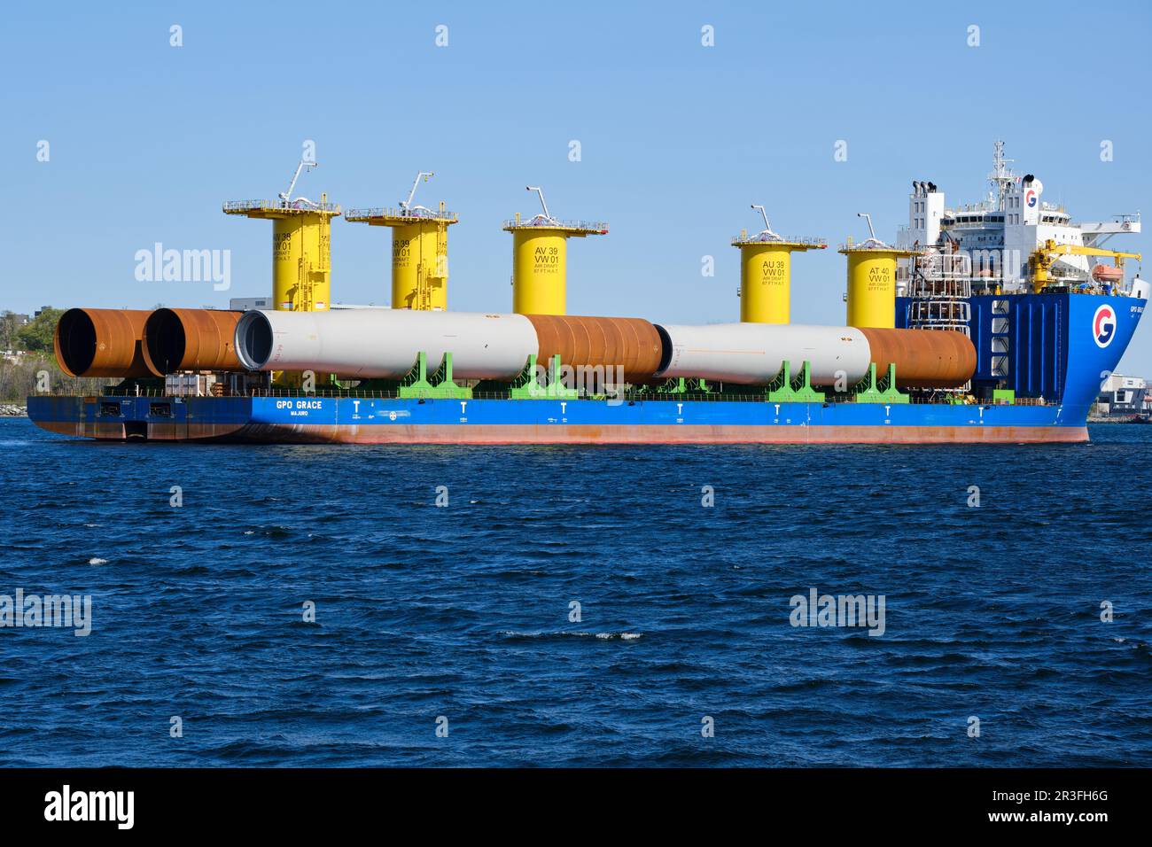 Heavylift vessel GPO GRACE with cargo of wind turbine parts for Vineyard wind1 in Halifax Harbour Stock Photo