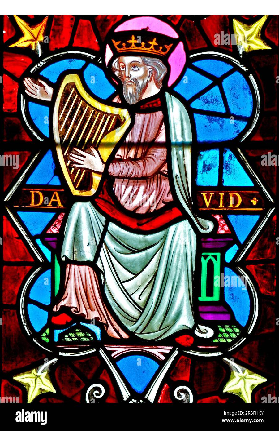 King David, playing Harp, stained glass window, Old Hunstanton,  by Frederick Preedy, 1862, detail, Victorian, Norfolk, England, UK Stock Photo