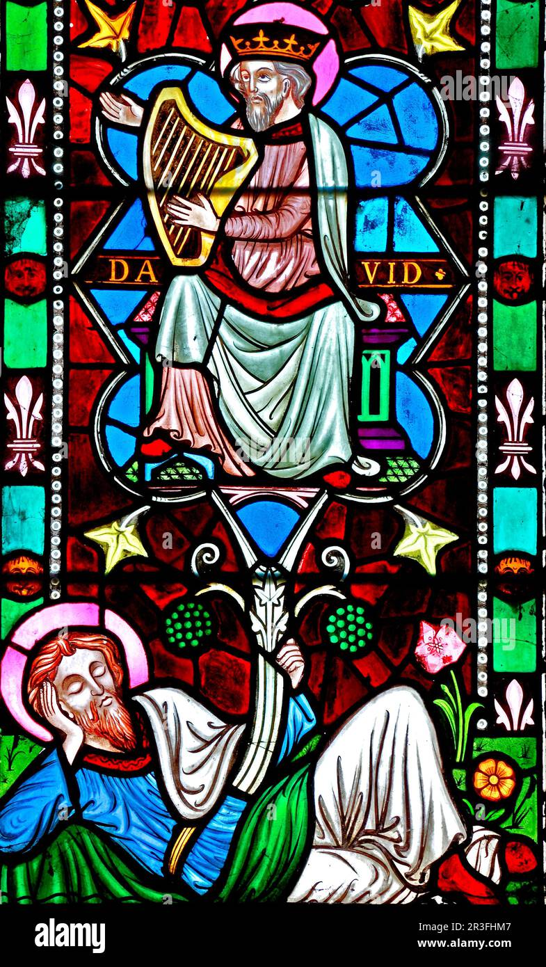 King David, Harp and Tree of Jesse, stained glass window, Old