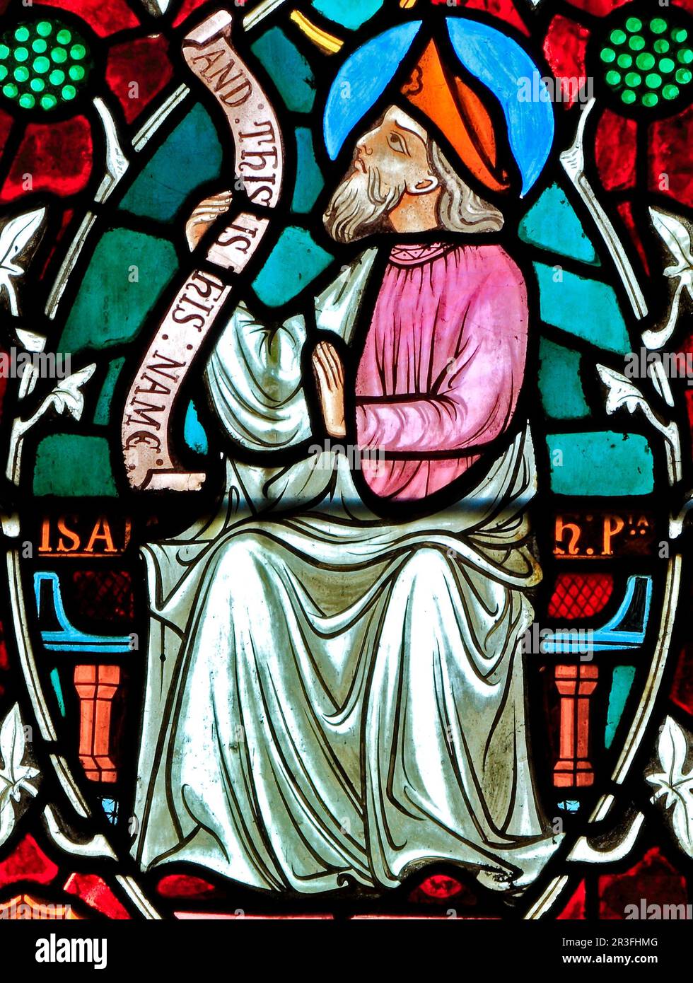 Isaah, Isaiah, Prophet, stained glass window, Old Hunstanton, detail of Tree of Jesse, stained glass window by Frederick Preedy, 1862, Norfolk Stock Photo