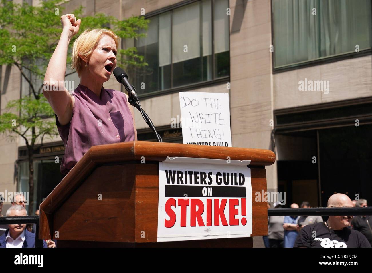 New York, NY, USA. 23rd May, 2023. Cynthia Nixon in attendance for The Writers Guild of America WGA Rally at the Rock, NBCUniversal offices at 30 Rock, New York, NY May 23, 2023. Credit: Kristin Callahan/Everett Collection/Alamy Live News Stock Photo