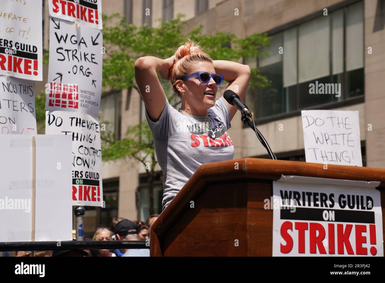 New York, NY, USA. 23rd May, 2023. Busy Philipps in attendance for The Writers Guild of America WGA Rally at the Rock, NBCUniversal offices at 30 Rock, New York, NY May 23, 2023. Credit: Kristin Callahan/Everett Collection/Alamy Live News Stock Photo