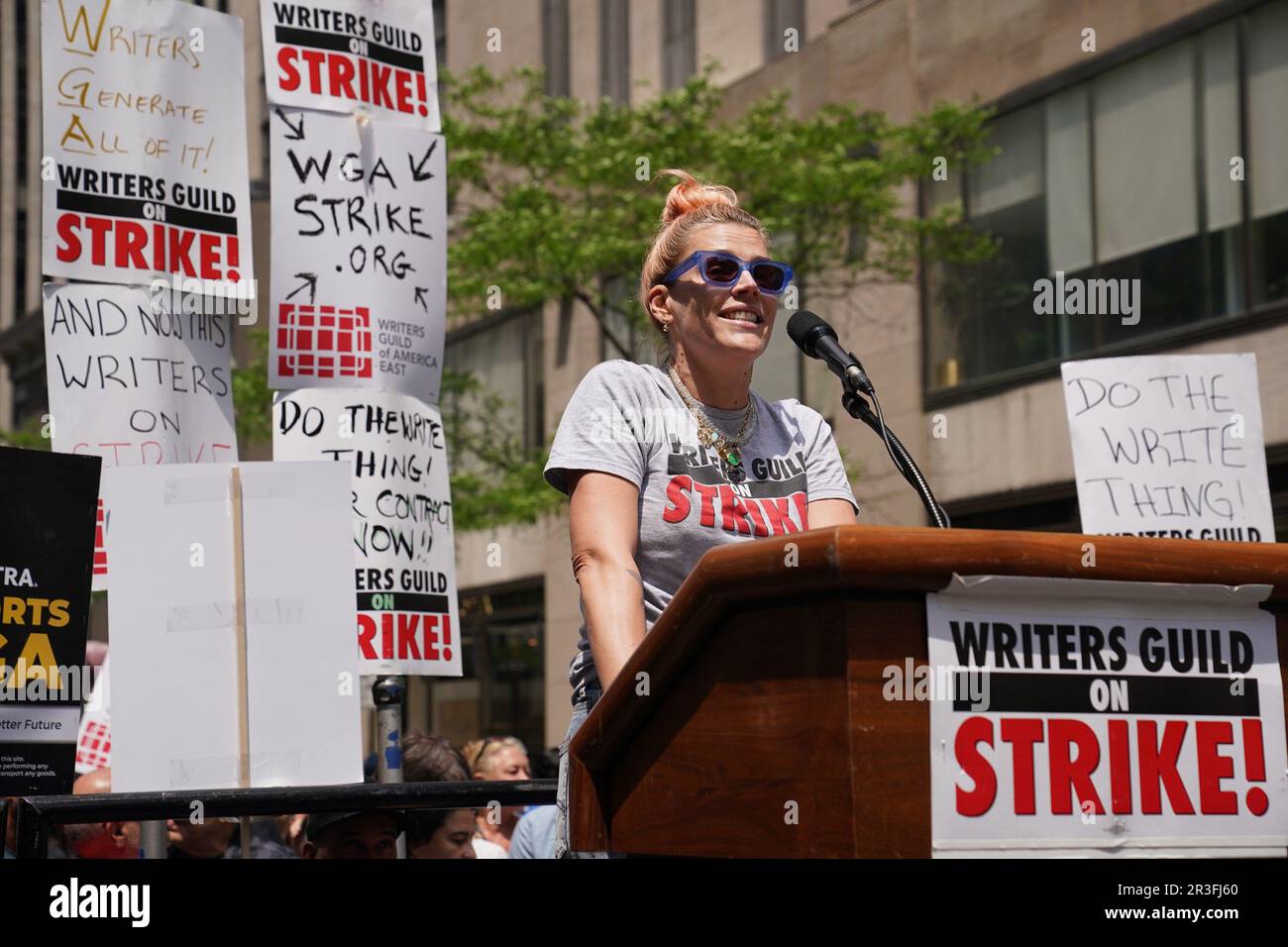 New York, NY, USA. 23rd May, 2023. Busy Philipps in attendance for The Writers Guild of America WGA Rally at the Rock, NBCUniversal offices at 30 Rock, New York, NY May 23, 2023. Credit: Kristin Callahan/Everett Collection/Alamy Live News Stock Photo