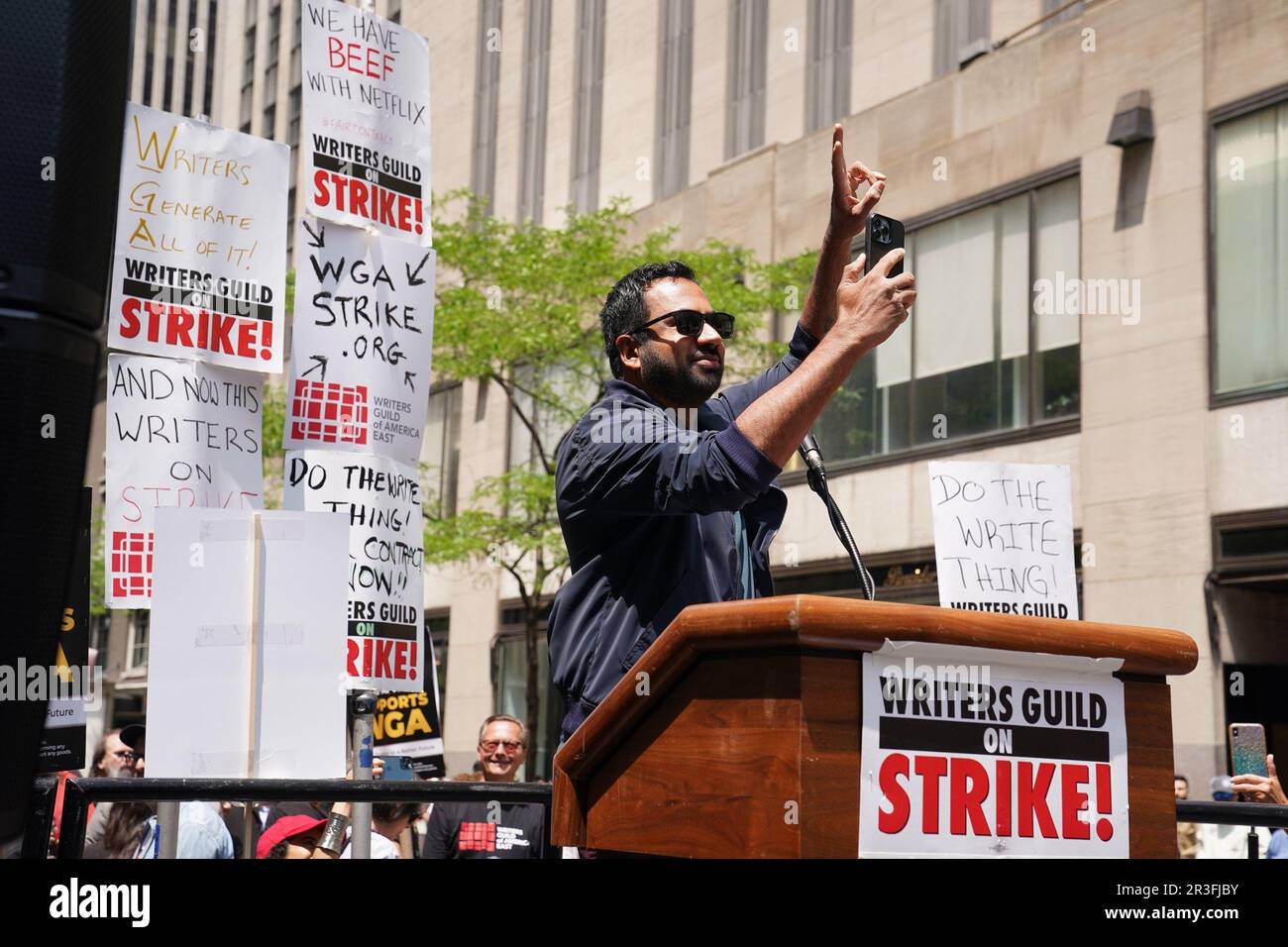 New York, NY, USA. 23rd May, 2023. Kal Penn in attendance for The Writers Guild of America WGA Rally at the Rock, NBCUniversal offices at 30 Rock, New York, NY May 23, 2023. Credit: Kristin Callahan/Everett Collection/Alamy Live News Stock Photo