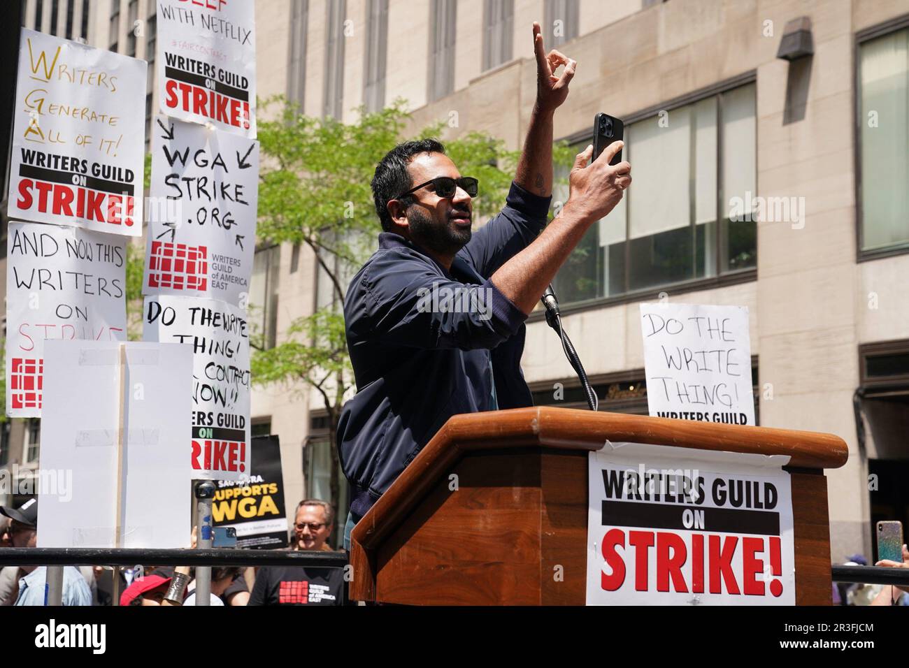 New York, NY, USA. 23rd May, 2023. Kal Penn in attendance for The Writers Guild of America WGA Rally at the Rock, NBCUniversal offices at 30 Rock, New York, NY May 23, 2023. Credit: Kristin Callahan/Everett Collection/Alamy Live News Stock Photo