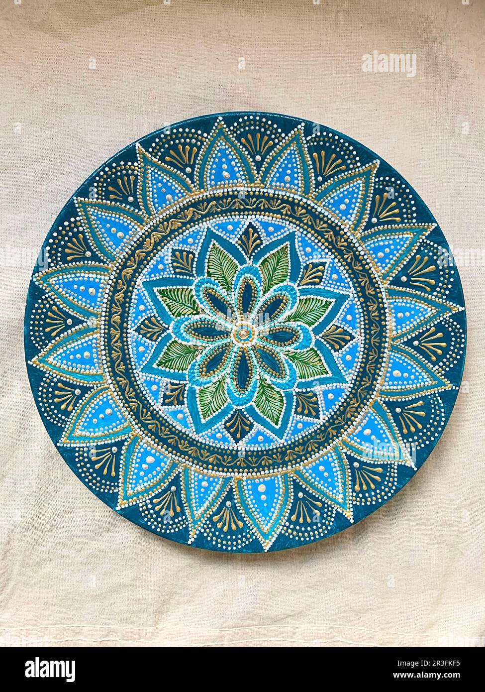 Decorative Ceramic Plates Hand Painted Dot Pattern With Acrylic Paints On A Gray