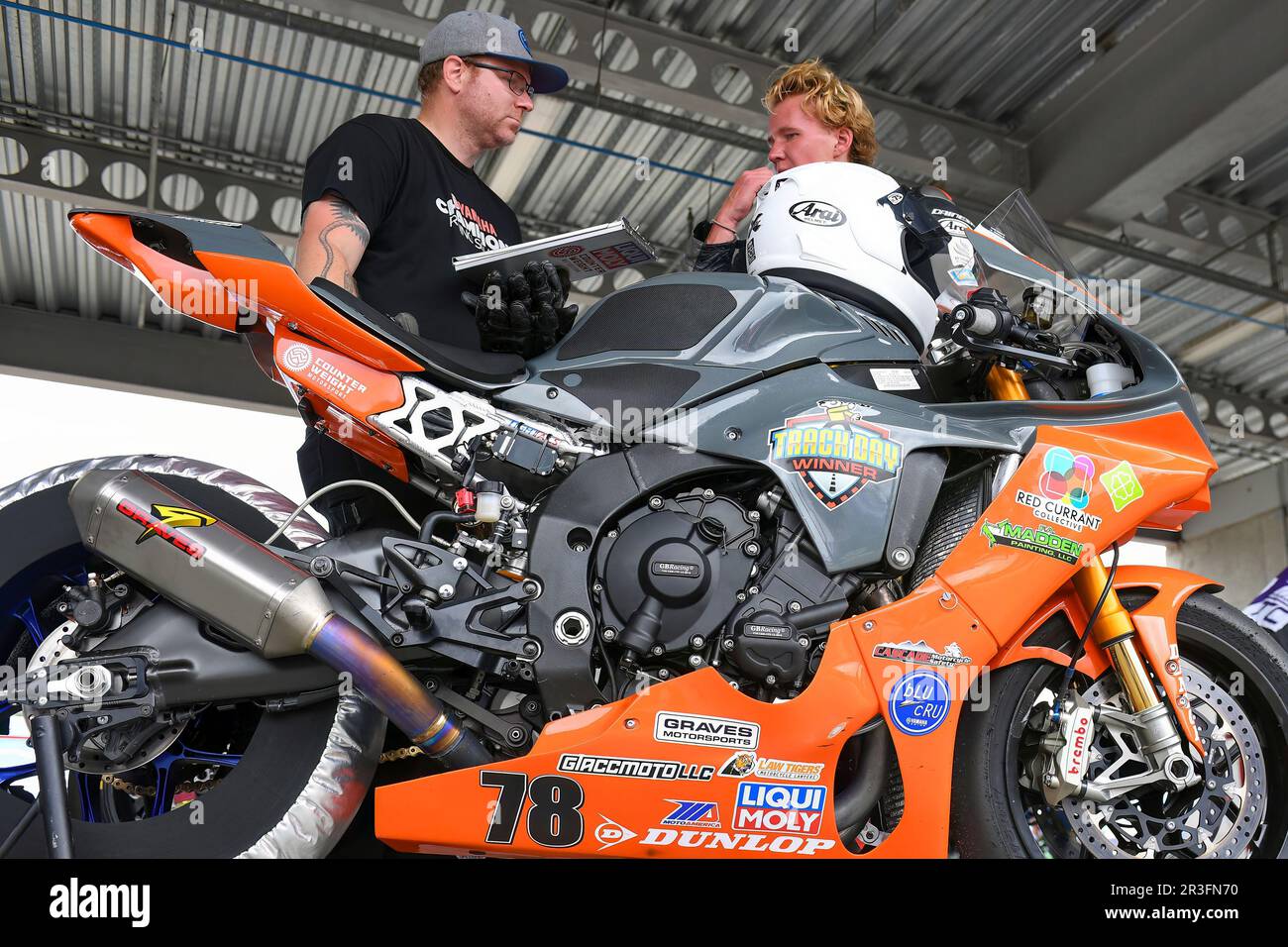 BIRMINGHAM, AL - MAY 20: CW Moto Racing rider, Benjamin Smith (78), and  their crew chief chat after the superbike race at the MotoAmerica  Superbikes at Barber on May 20, 2023; at