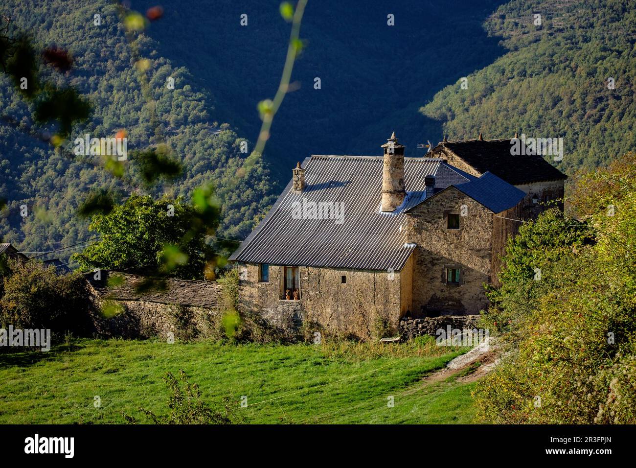 casa tipica con chimenea de brujas, Asín de Broto ,municipio de Broto, Sobrarbe,Huesca, Aragón, cordillera de los Pirineos, Spain. Stock Photo