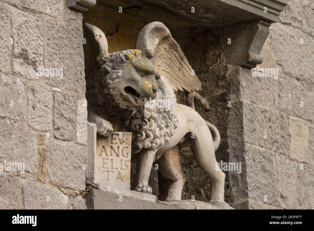 leon de San Marcos, iglesia parroquial de la beata virgen Maria, siglos XI-XVIII, Labin (Albona),peninsula de Istria,Croacia. Stock Photo