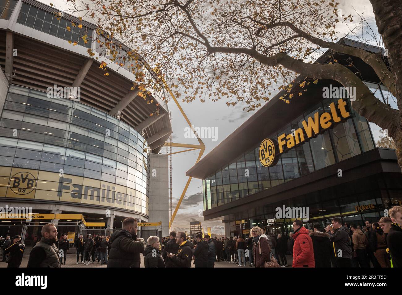 Picture of a crowd of supporters getting ready to enter the Signal Iduna Park stadium in Dortmund. Westfalenstadion is a football stadium in Dortmund, Stock Photo