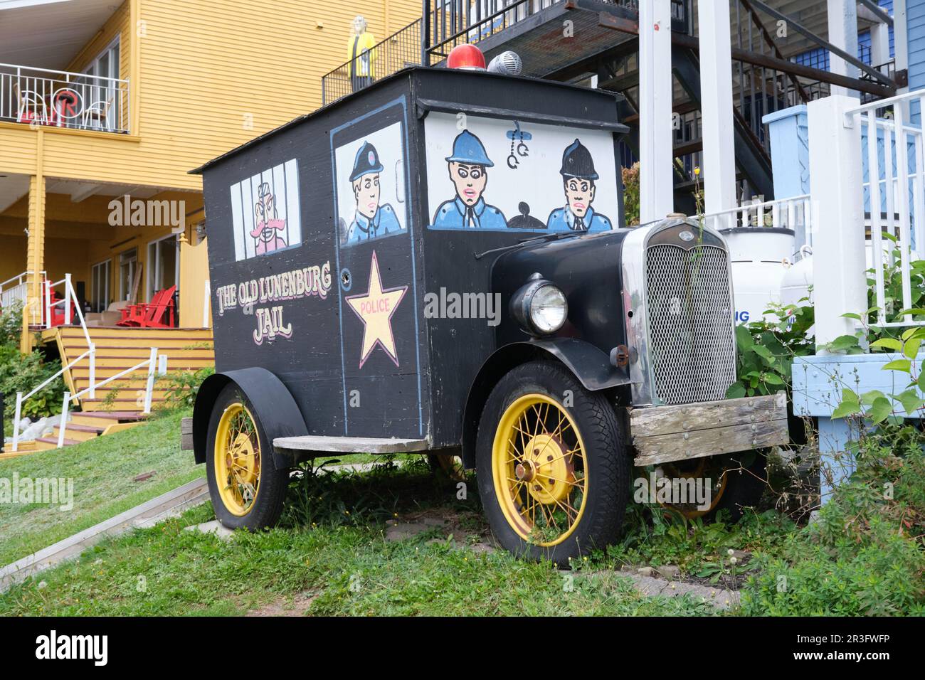 the old lunenburg jail patty wagon display on promenade Stock Photo