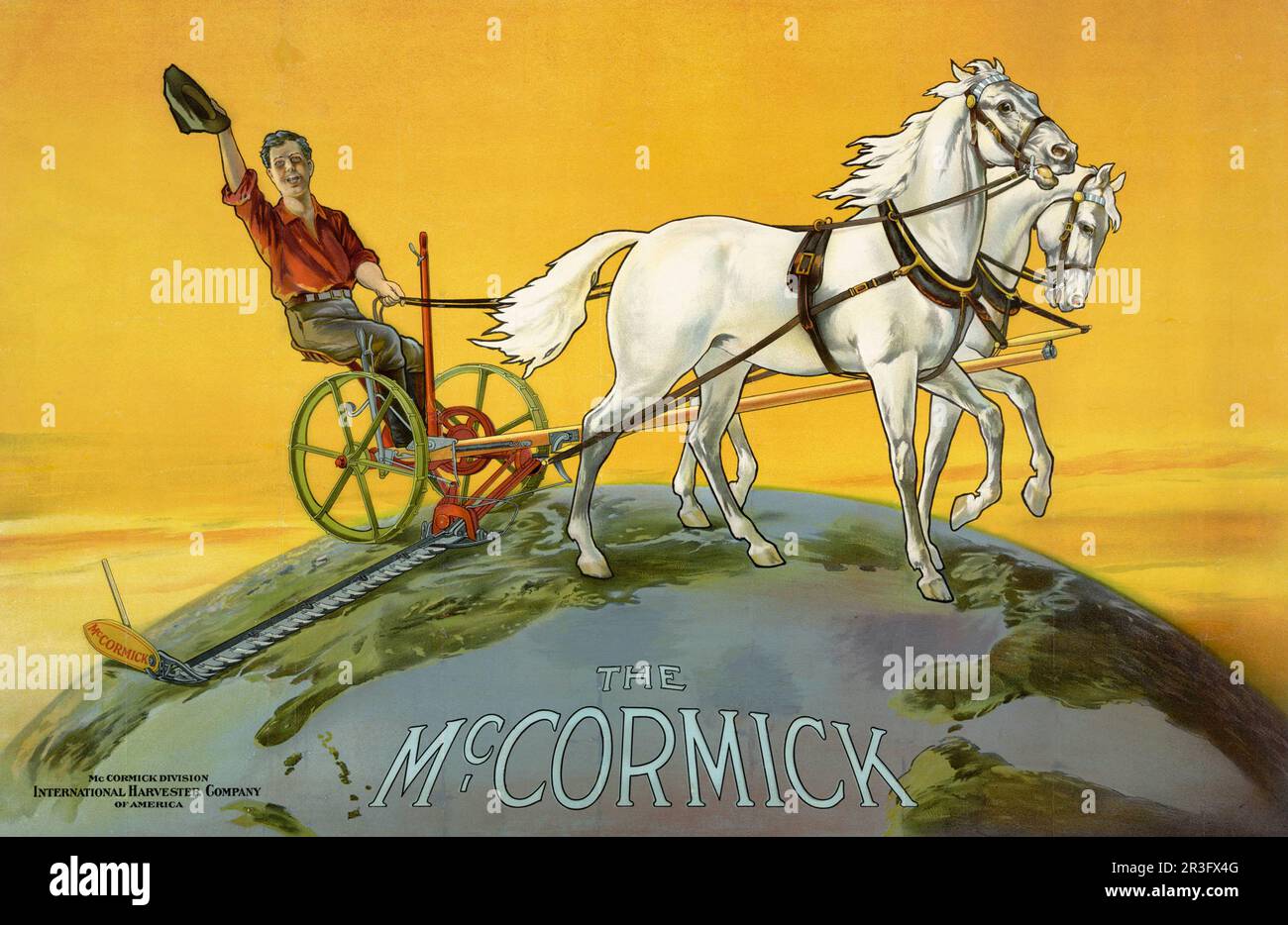 Vintage advertisement of a farmer operating agricultural machinery for the McCormick division of the International Harvester Company. Stock Photo