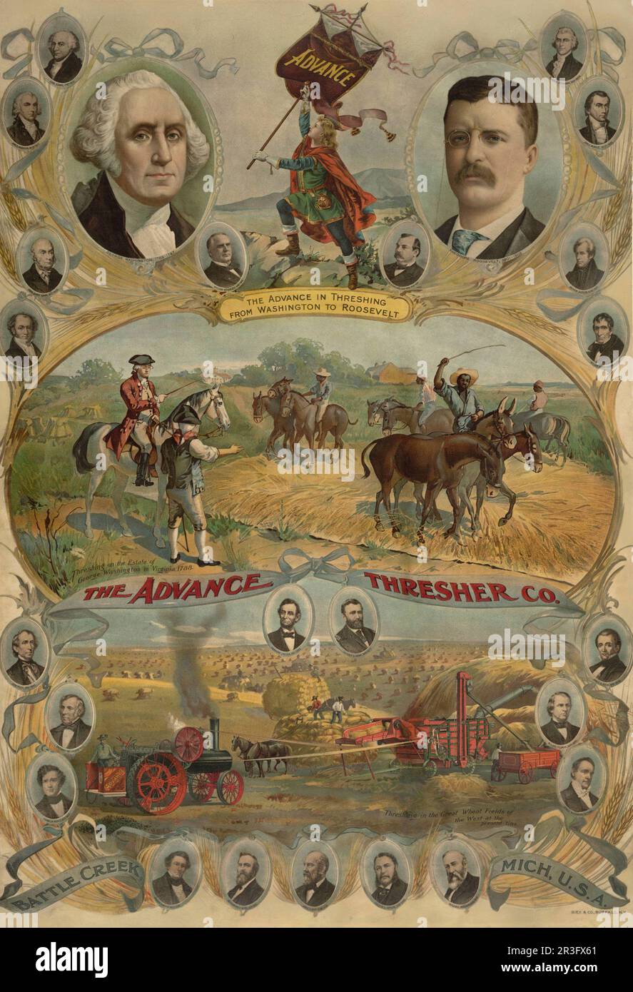 Vintage print showing the advance in threshing, from President George Washington to Theodore Roosevelt. Stock Photo