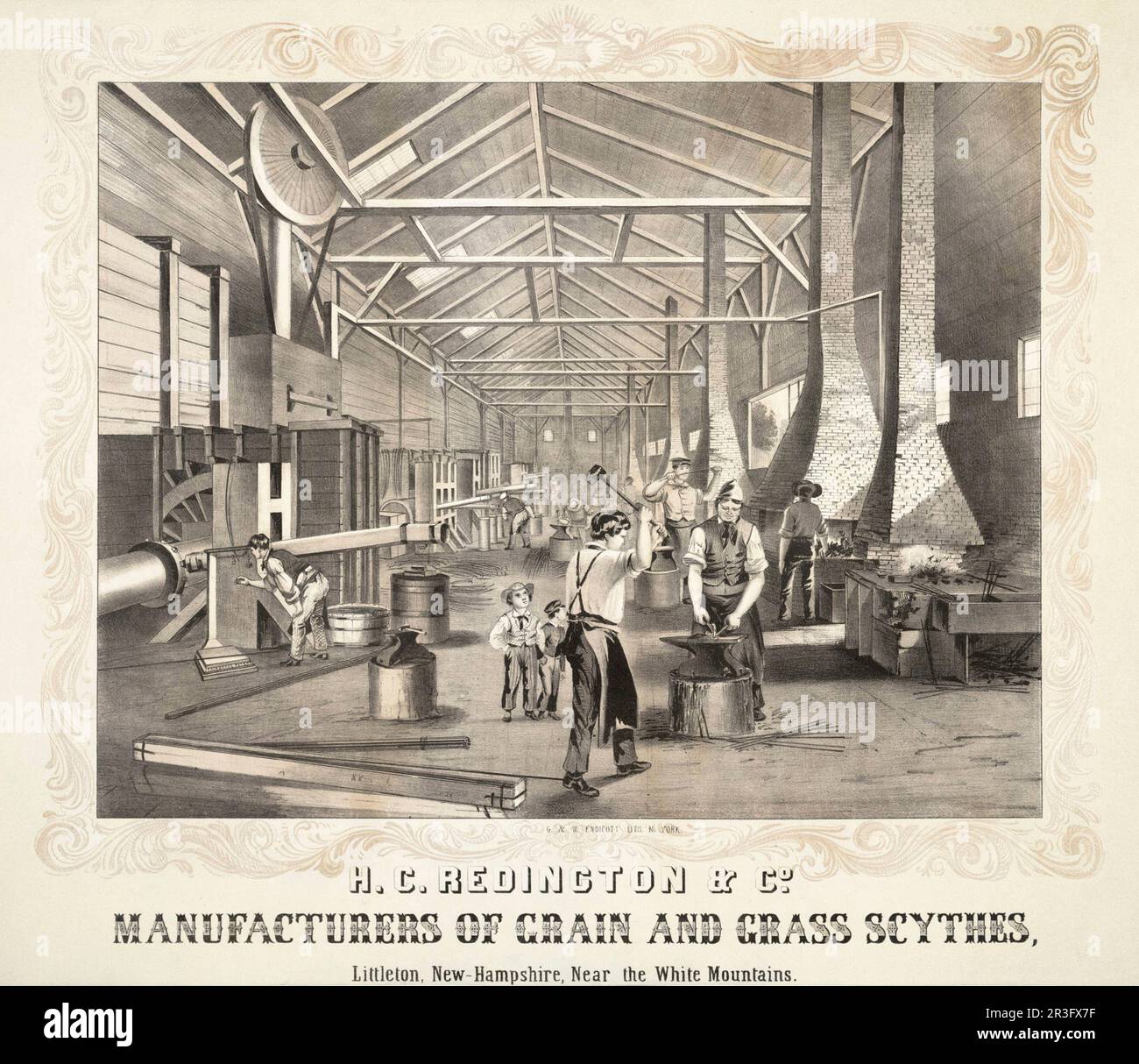 Vintage print showing a view of the building interior of H.C. Redington & Company, a grain and grass scythe manufacturer. Stock Photo