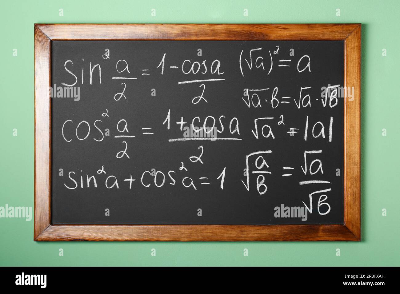 Chalkboard With Many Different Math Formulas On Green Wall Stock Photo ...