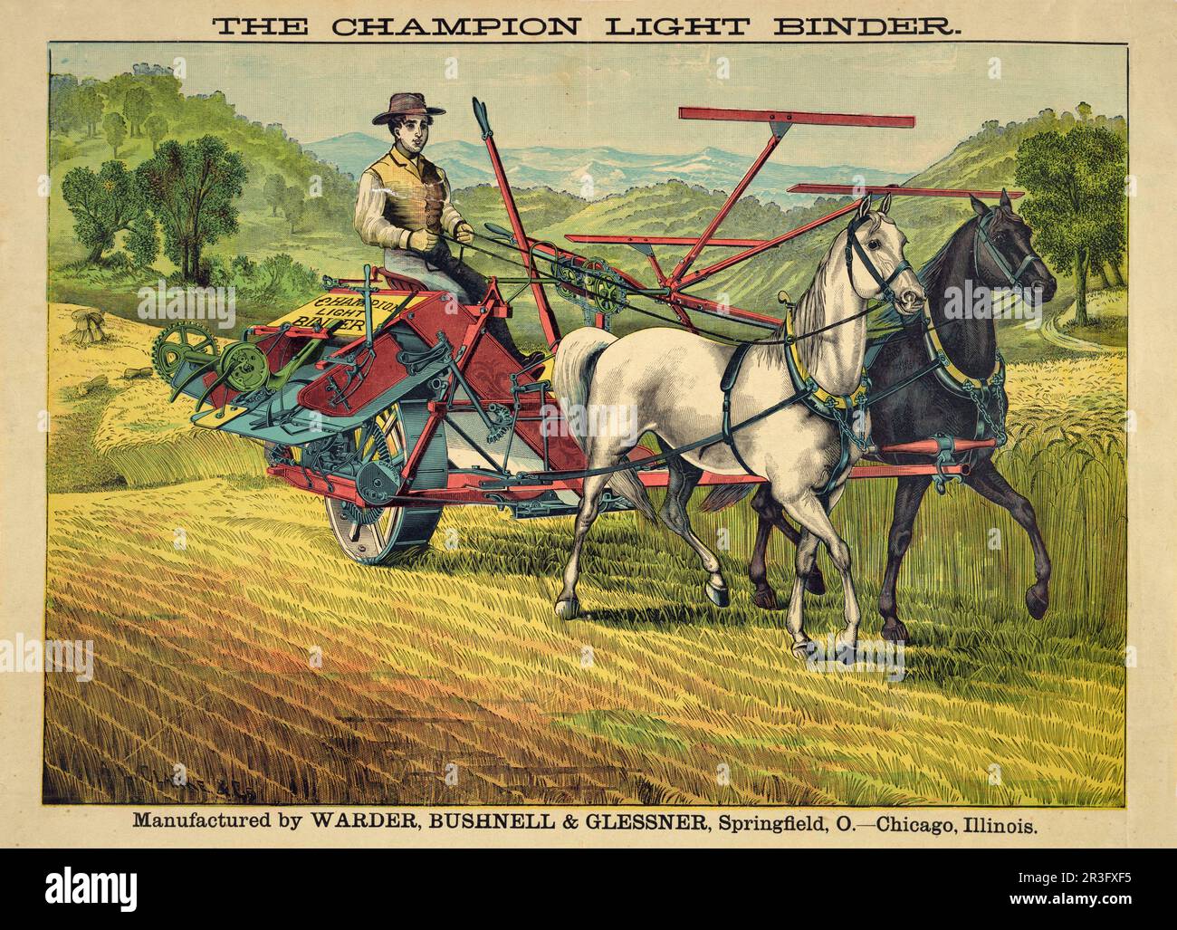 Vintage print of a farmer working with a Champion light binder machine. Stock Photo