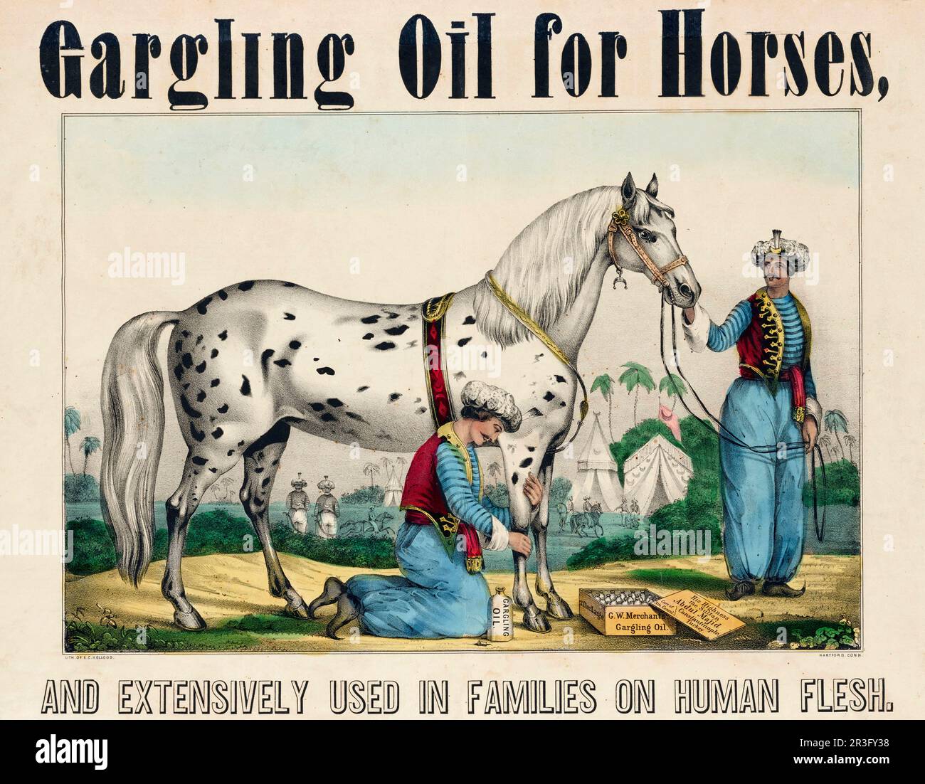 Vintage advertisement for horse gargling oil sold by G.W. Merchants. Stock Photo