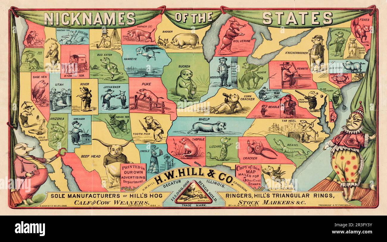 A stylized map of the United States with nicknames and pig caricatures for each state. Stock Photo